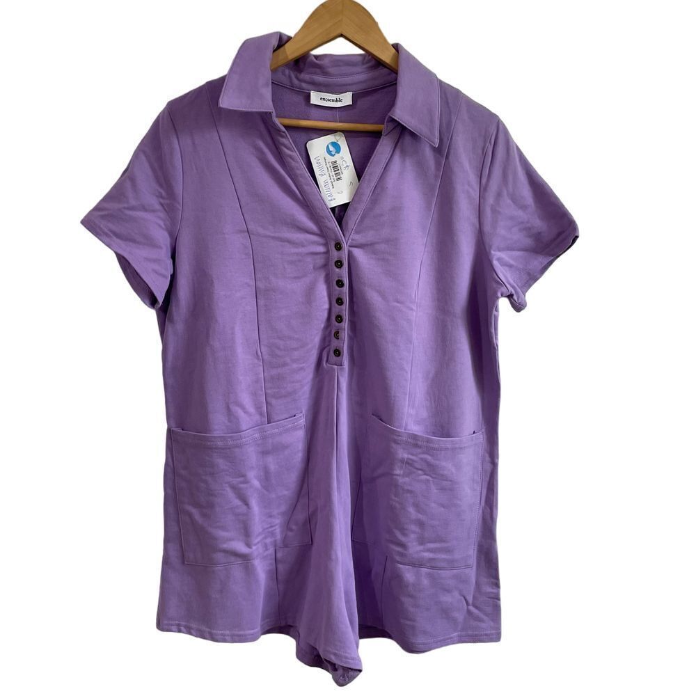 En;semble Baleigh Button Down Romper‎ Womens Small Prurple Lagenlook Neutral NWT